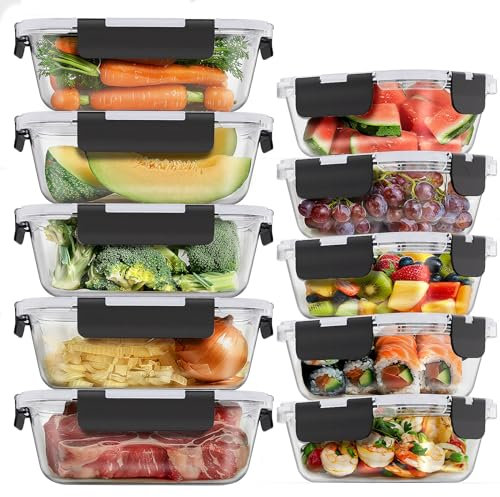 Glass-Frischhaltedosen aus Glas, mit Schnappverschluss, auslaufsichere Deckel, wiederverwendbar, mikrowellengeeignet, BPA-frei, Lunchboxen (10 Behälter und 10 Deckel), 1040 ml und 370 ml, 10 Stück…
