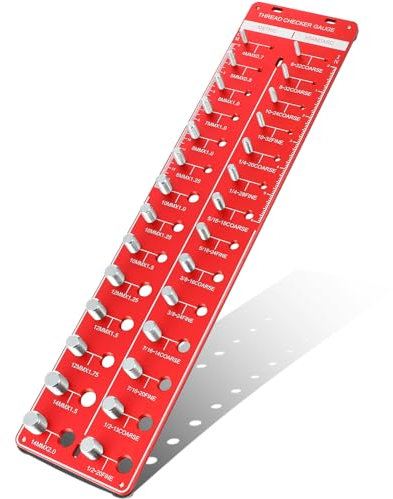 PartyKindom 28-Bit Nut and Bolt Thread Checker, Aluminum Thread Gauge, Red, Measures M 4 - M 14, Multi-Size Screw Identifier for Home and Workshop Use