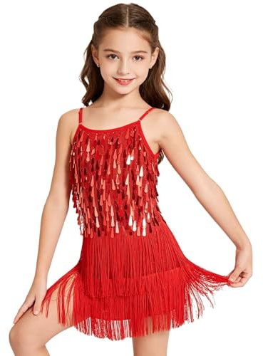 LOLANTA Costume de Danse Latine Rumba Salsa Chacha à Paillettes et Glands Franges pour Filles, Scintillant Mini Robe sans Manches à Réglable Bretelles avec Shorts