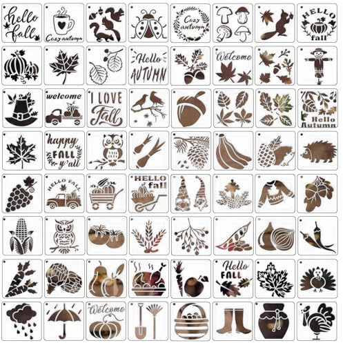 Fatiya 64 plantillas de otoño para pintar, plantillas reutilizables de 3 pulgadas para pintar sobre tela, juego de plantillas de pintura en aerosol para madera, tela, pizarra, pared, decoración del