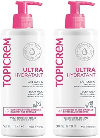 Topicrem - Ultra Hydratant Lait Corps - Hydrate 48h, Relipide, Protège la Peau - Texture Onctueuse, Odeur Délicate - Crème Hydratante pour Peaux Sensibles - Fabrication Française - 500 ml (Lot de 2)
