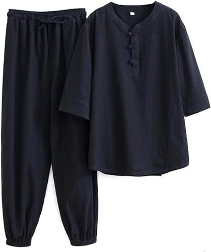 WHESAZYP Tai Chi Anzüge Tai Chi Kleidung Damen Kung Fu Uniform Baumwollleinen Kampfsport Set Kurzarmhose Zen Meditationsuniform Tang-Anzug Traditionelle chinesische Kleidung (Schwarz L)