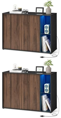 SONGMICS HOME Assemblage Ultra-Rapide sans Outils Toolless, Meuble TV, Lot de 2, Meuble de Rangement, Buffet, avec Éclairage et Étagère en Verre, Minimaliste, Noyer Naturel et Noir Boisé BBK792B01
