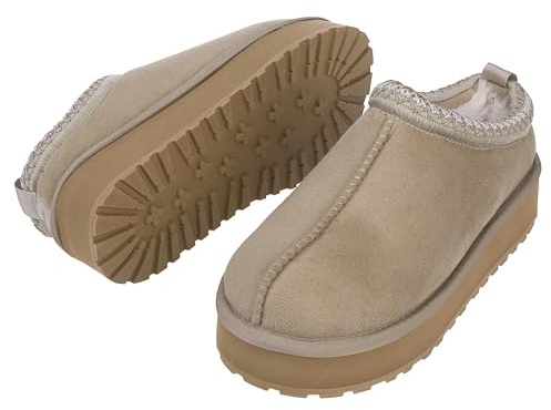 Home Slipper Women's Platform Slippers Indoor Outdoor Mini Boots Anti-slip Slip on Cozy Slippers with Fluffy Lining House Shoes,Beige,US 8