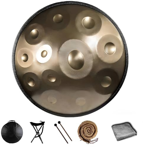 Handpan trumma, handpantrummor för vuxna, 22-tums 12-noter 440Hz D moll kurd handpan, handpaninstrument med mjuk handpannväska, 2 handpanklubbor, handpannstativ och dammfri trasa (guld-12 noter)