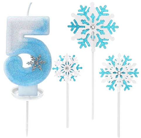 Velas con números brillantes 5 con decoración de copos de nieve – Vela de cumpleaños para niñas, 5 cumpleaños para niños, velas para tartas, purpurina azul y blanca 3D y protección antigoteo