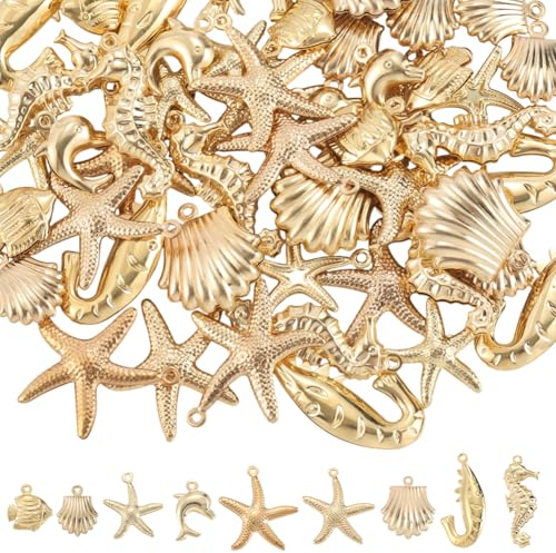 SUNNYCLUE 1 boîte de 54 breloques en Plaqué Or 9 carats 18 styles en Forme D'Animaux Marins de Coquillages de Dauphins D'Étoiles de Mer de Conques de Poissons de Vie Estivale pour la Fabrication de Bi