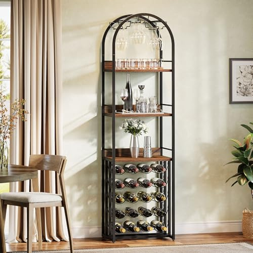 Tribesigns Weinregal, Flaschenregal Weinständer Metall mit Glashalter und Weinaufbewahrung für Keller, bar und lagerraum, Flaschenhalter mit Tischplatte 50 x 35 x 180 cm, Vintagebraun-schwarz