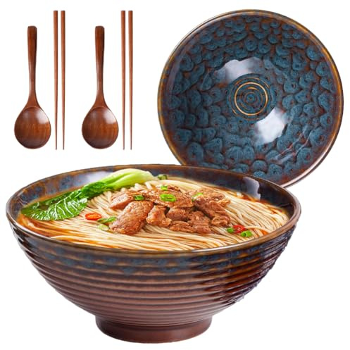 Tazze ramen in ceramica da 1200 ml, 20 cm, per servire, con bacchette e cucchiai adatte per microonde, lavastoviglie e forno (stile coda di pavone)
