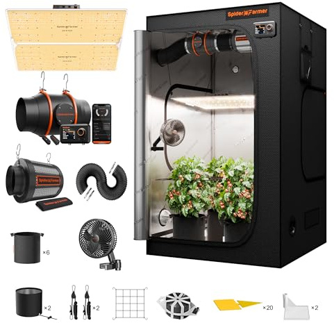 Spider Farmer 120 x 120 x 200 cm, set completo SF4000 450 W, LED a spettro completo, tenda per piante, Grow Tent Kit 150 mm/6 pollici con controller GGS Temp Umidità