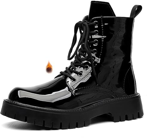 Men'S Patent Leather Fur Lined Platform Combat Boots Fashion Side Zipper Wide Toe Autumn Winter Warm Lug Sole High Top Motorcycle Boots Comfort Casual Waterproof Non-Slip Ankle Booties (Black1-plus,8)