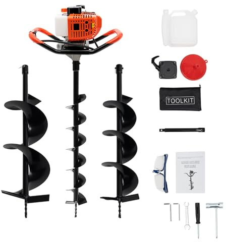 Auger Post Hole Digger 52CC 2.3HP 2 Stroke Gas Powered Earth Auger Digger with 3 Augers Drill Bits 4 6 8+1 Extension Rod 11.8, Petrol Hole Digger for Fence Garden Planting