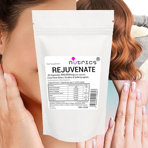 Nutrics® REJUVENATE 900 Retinol A Hyaluronic Acid Marine Collagen Niacinamide MSM Vitamin C & E 30 Capsules 1 Month Supply 100% Pure No Fillers