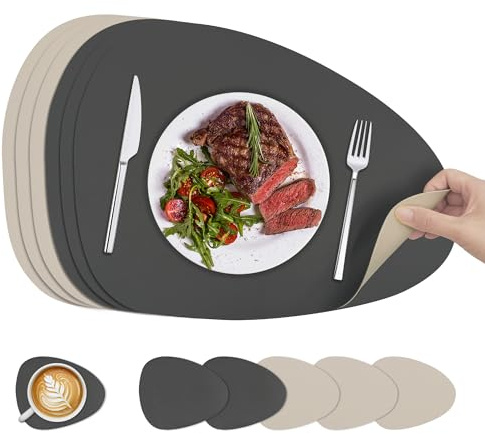 KitchenBoss Manteles Individuales Lavables y Posavasos: Juego de 6 Salvamanteles Individuales Doble Cara Mantel Individual para Cocinas, Mesas de Comedor y Oficinas, Gris Carbón + Beige, 40x30cm