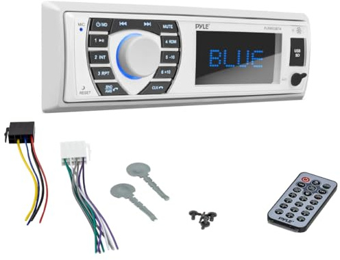 KIT SET FÖR PYLE PLRMR23BTW Single-DIN bilradio, AM/FM-mottagare, stereo, AUX/USB/MP3/WMA, med Bluetooth, marin, för båtar, jollar, 1 st + gratis tillbehör