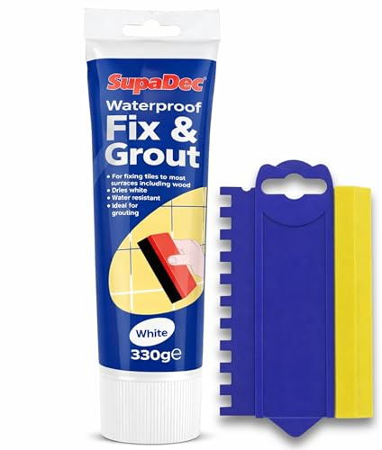 Decex Tile Fix & Grout Repair Kit 330g – Ready Mixed Waterproof Tile Adhesive & Grout with Grout Spreader Tool – White Grout Repair Kit for Bathroom, Kitchen Wall & Floor Tile Repairs