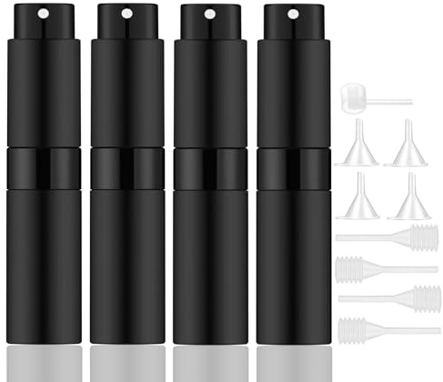 Lil Ray 8ml Portable Mini Perfume Atomizer(4 PCS)，Refilable Empty Small Spray Bottle for Travel, Twist Type Pocket Cologne Sprayer (Matte Black)