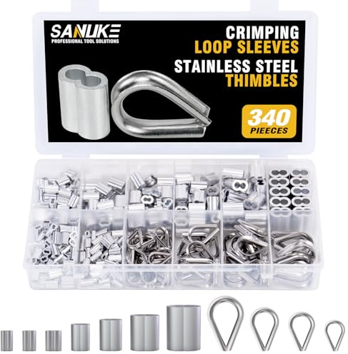 Sanuke 340PCS Stainless Steel Wire Rope Cable Thimbles Aluminum Crimping Loop Sleeve 3/64'' 1/16'' 5/64'' 3/32'' 3/16'' for Wire Rope Cable Thimbles Rigging