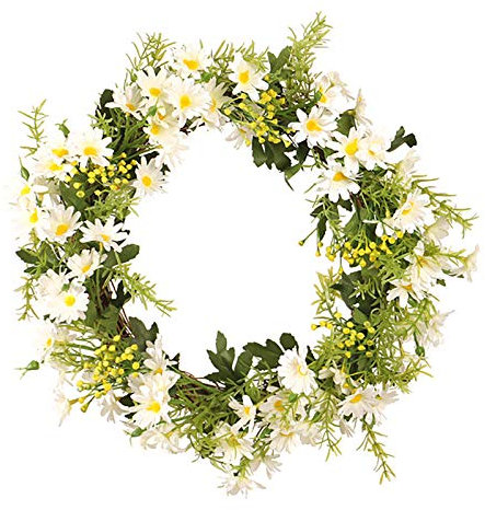 SMLJFO Artificial Daisy Wreath, Wreath Wall Hanging With Green Leaves Spring Summer Wreaths For Front Door Indoor Outdoor Home Wall Wedding Decor White 35cm