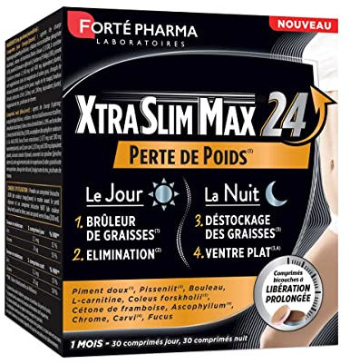 Forté Pharma – XtraSlim Max 24 | Brule graisse, Elimination, Ventre plat, Destockage - Piment doux, Pissenlit, Chrome, Bouleau, Zinc | Complement alimentaire Minceur | 1 mois, 60 comprimés, 2/jour