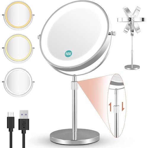 Towwoo 8 Zoll Wiederaufladbar Kosmetikspiegel mit Licht, 1X/10X Vergrößerung, 3 Farben Dimmbarer, Höhenverstellbar, 360° Schwenkbar Doppelseitiger Schwenkbarer Make-up Spiegel