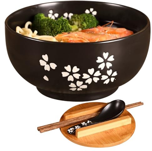 Ensemble de bols à ramen 1000 ml bols à ramen japonais bol à soupe ramen bols à nouilles en céramique à imprimé floral avec couvercle cuillère et baguettes passe au micro-ondes passe au lave-vaisselle
