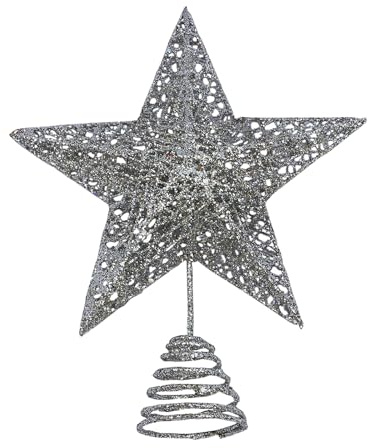 Cimier de sapin de Noël en métal argenté pailleté en forme d'étoile creuse pour fête de Noël, décoration d'intérieur