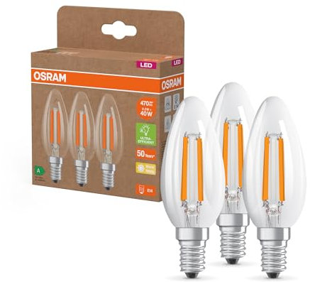 Osram Hocheffiziente LED Lampen mit Energieeffizienz Klasse A, Vorteilspack mit 3 Leuchtmittel, ersetzt herkömmliche 40W Glühbirnen, Kerzenform, warmweiß(2700K), E14, Filament Glas