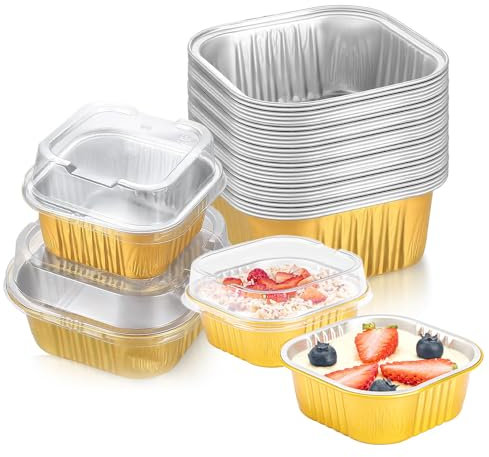 Mini Loaf Cake Cases, 30 PCS Mini Loaf Pans with Lid 150 ml Aluminum Loaf Cake Cases, Foil Baking Pans Reusable Aluminum Baking Cups for Bread Wedding Birthday Picnic Party Gold