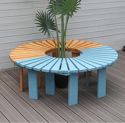 Banc de jardin incurvé semi-circulaire en bois massif anti-corrosion en forme d'éventail pour balcon et terrasse Bleu clair