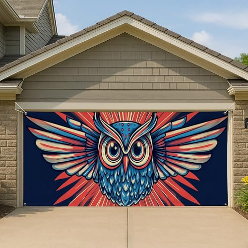 Grande bannière colorée pour porte de garage avec ailes de hibou - Décoration festive pour événements en plein air - Toile de fond de garage de style moderne et vif - Décoration de fête d'hiver - 395