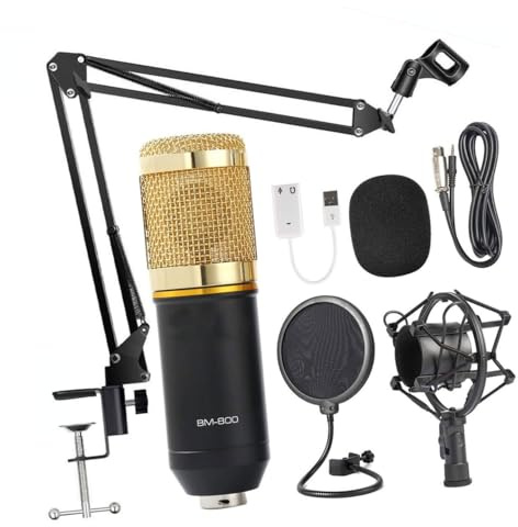 POPETPOP Micrófono de Condensador BM Negro y Dorado con Kit Profesional de Transmisión Soporte Metálico Antivibración Filtro y Tarjeta de Sonido para Estudio y Grabación