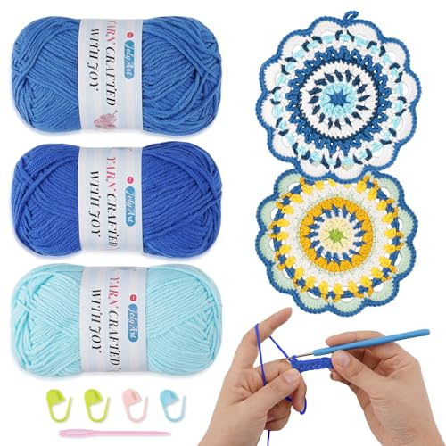 JelyArt Filato per lavorare a maglia a mano 3 x 50 g Filo per uncinetto Lana per lavorare a maglia (Blu)