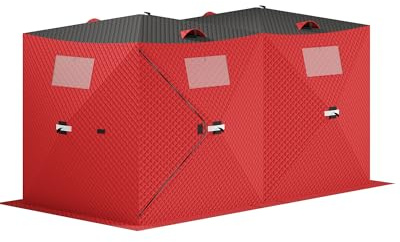 Garvee Pop-up Ice Fishing Tent for 6-8 Persons, Hub-Style Insulated Portable Ice Fishing Shelter with Carrying Bag, Zippered Door, Wind Rope & Anchors, Red
