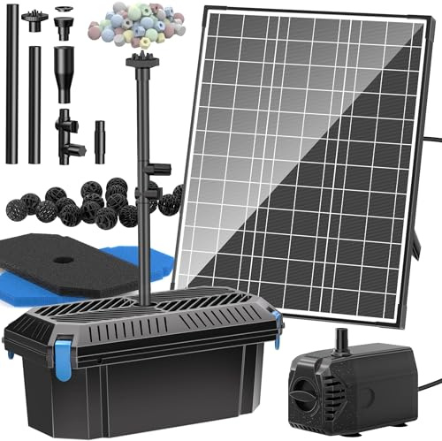 Biling 20W Solar Teichfilter Set 875L/H Pumpe mit 4 Düsen und Durchflussregler 5m Kabel für Gartenteich Springbrunnen Kleiner Fischteich Wasserspiel Außenbereich Umweltfreundlich Energieeffizient