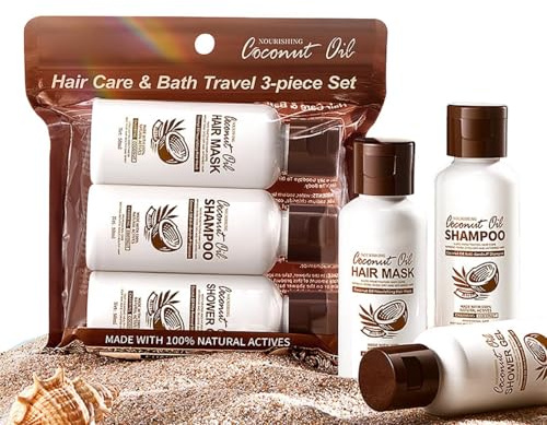 Set de viaje de aceite de coco para el cuidado del cabello y la ducha, 3 piezas con champú, mascarilla y gel de ducha, 50 ml cada uno, cuida el cabello y la piel intensamente