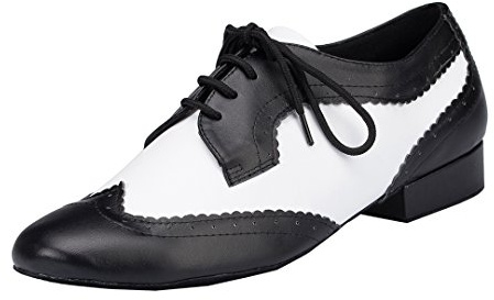 MGM-Joymod - Scarpe da Ballo da Uomo con Lacci in Pelle e Punta Rotonda Social Dacne Salsa Tango Samba Jazz Rumba Ballroom Latino Moderna,Nero Bianco 2.5cm Tacco,45.5 EU