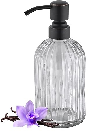 Leetcp 16Oz Clear Glass Soap Dispenser with Rust Proof Bronze Stainless Steel Pump, Refillable Bathroom Soap Dispenser with Vertical Stripe, Oil Rubbed Bronze Pump Kitchen Dispensers
