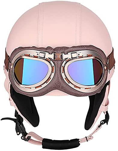Motorrad Halbschalenhelm Erwachsene Unisex Motorradhelme Mit Offenem Gesicht Retro Lokomotive Moped Rollerhelm Für Herren Damen Mit Brille DOT/ECE Zugelassener Sommer Crash Jet Helm,Rosa,M