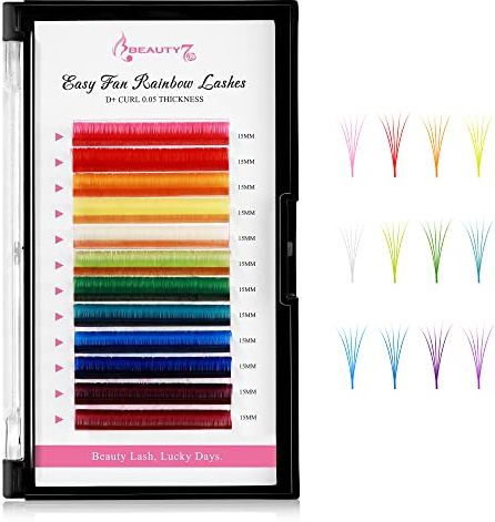 Beauty7 D+ Curl 0.05 Easy Fan Lashes Extensions de cils pour technique de volume 12 couleurs 15 mm Couleurs arc-en-ciel