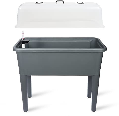 Dexceder 13.2 Gallon Self Watering Raised Garden Bed with Ventilation Transparent Lid Greenhouse, Deepen Vegetable Flower Box Planter Pot with Removeble Legs & Water Level Indicator (Deep Gray)