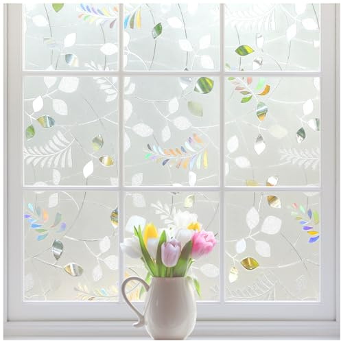 rabbitgoo Window Privacy Film, Frosted Glass Window Film, Stained Glass Removable Decorative Privacy Sticker, Non Adhesive UV Blocking Front Door Covering for Home, 3D Autumn Leaf, 17.5 x 78.7