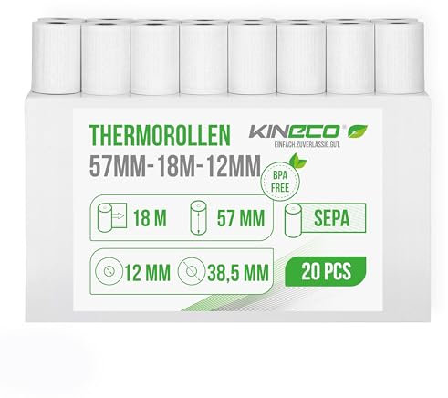Kineco Ec-Cash Kassenrollen 57mm x 18m x 12mm - Thermorollen, Thermopapier, Bonrollen für Bankomat - Kredit-Kartenlesegeräte (57x38,5x12) mit SEPA Lastschrifttext (20 Rollen)