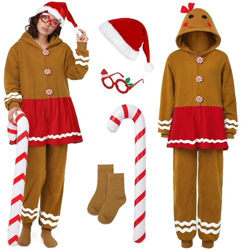 SOMSOC Women Gingerbread Onesie Pajamas Adult Christmas One-Piece Flannel Jumpsuit Gingerbread Hooded Sleepwear Homewear