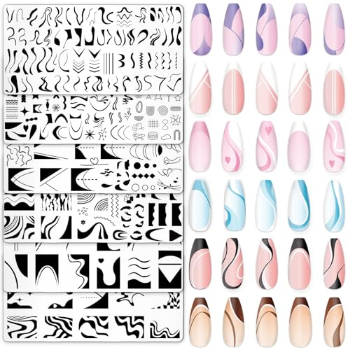 Whaline 6Pcs French Line Nail Plates Stamping Set Minimalism Wave Stripe Stamp Templates Nail Art Plates For DIY Print Manicure Salon Design