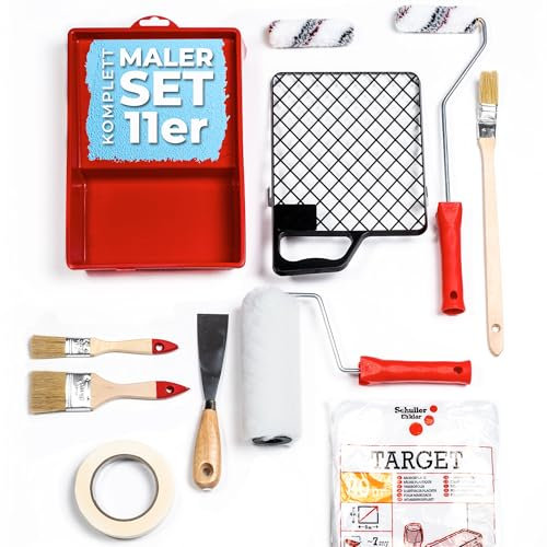 Schuller Eh‘ klar/Yes Premium Malerset – Komplettes Malerzubehör mit Farbwanne, Abstreifgitter, 2 Pinseln, Langstielpinsel, 2 Farbwalzen, Abdeckplane, Spachtel & Klebeband (11-teilig)