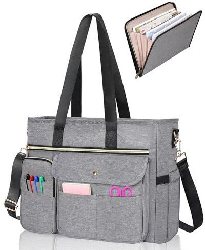Estarer Sac fourre-tout pour enseignante femme 2 pièces, sac d'ordinateur enseignante 15,6 pouces avec organiseur de fichiers accordéon, sac de travail ordinateur portable avec poche isotherme pour