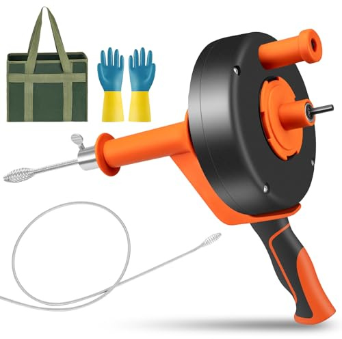 Drain Snake 10M - with Drill Attachment - Ideal Plumbing Snake Hair Clog Remover Heavy Duty Pipe Snake for Bathtub Drain, Bathroom Sink, Kitchen and Shower, Snake Drain (Orange1)