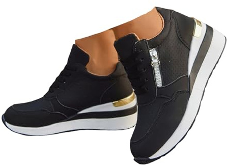 Xbemkste Sneaker dam, kilklack, platå, fritidsskor med dragkedja, andas, snörning, löparskor, sneakers, dam, platåskor, bekväma sportskor, svart, 43 EU