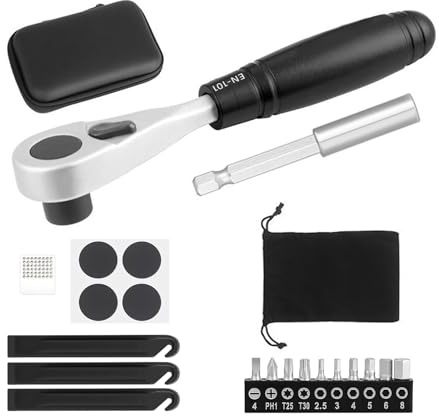 Aomiun Juego de Herramientas Para Bicicleta, Kit De Reparación De Bicicletas, Juego de Llaves de Trinquete, Palancas Para Neumáticos, Piezas de Parche, Interruptor, Kit de Reparación (Versión básica)